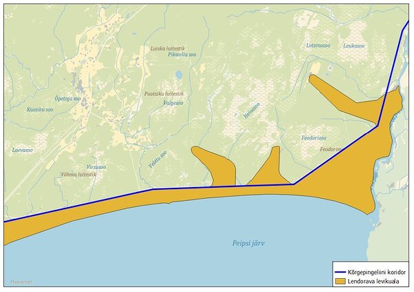 Lendorava teadaolev levikuala Peipsi järve põhjarannikul näitab, et Viru-Mustvee kõrgepingeliini trass võib takistada lendorava põhjasuunalist levikut.