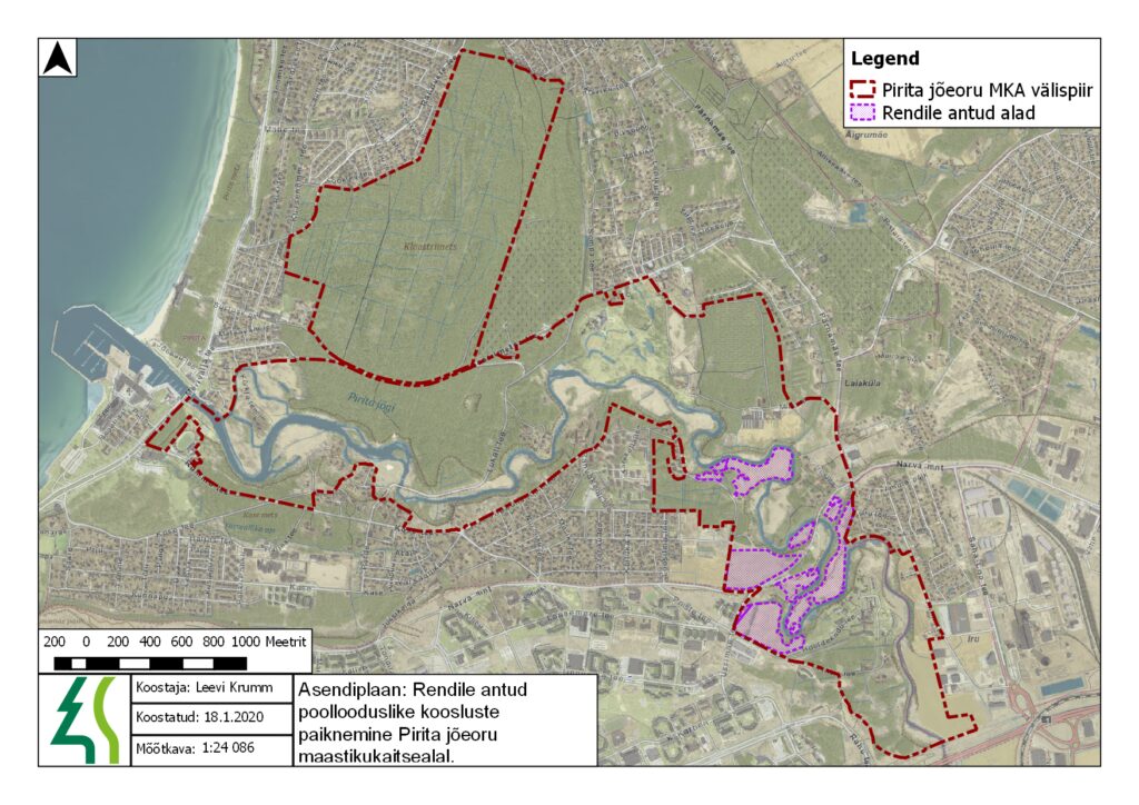 Asendiplaan: Rendile antud poollooduslike koosluste paiknemine Pirita jõeoru maastikukaitsealal