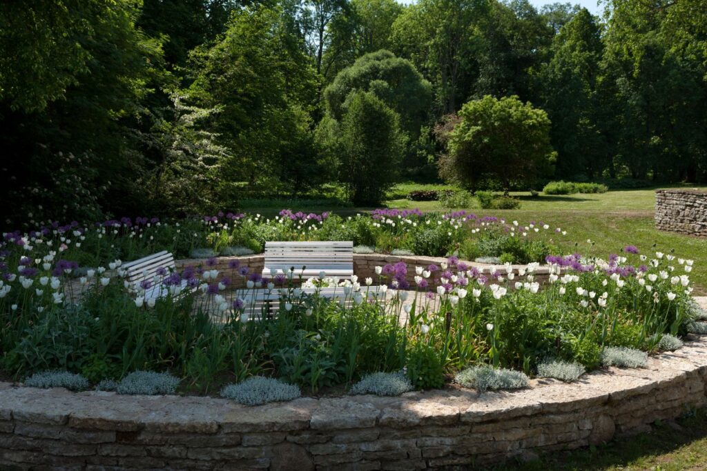 Outdoor area with benches and flowers